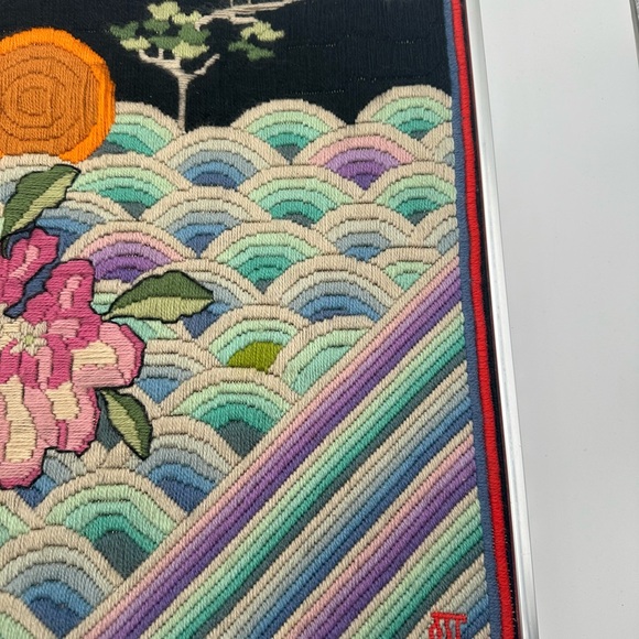 Vintage Asian Style Crewel Art Crane Flowers Amazing Colors Mid Century 20x17.5” - Picture 4 of 7